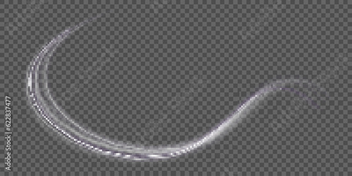 Light trail wave effect. Abstract motion lines, glowing headlights and optical fiber, PNG glow curve swirl, road car headlights and glowing white speed lines on a swirl light on the road.
