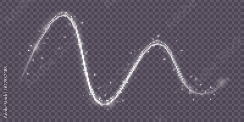 Light trail wave effect. Abstract motion lines, glowing headlights and optical fiber, PNG glow curve swirl, road car headlights and glowing white speed lines on a swirl light on the road.