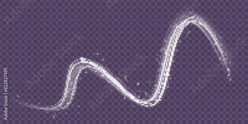 Light trail wave effect. Abstract motion lines, glowing headlights and optical fiber, PNG glow curve swirl, road car headlights and glowing white speed lines on a swirl light on the road.