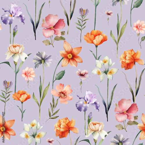 Seamless pattern with multi-colored delicate flowers on a lilac background. watercolor illustrations. © Lana