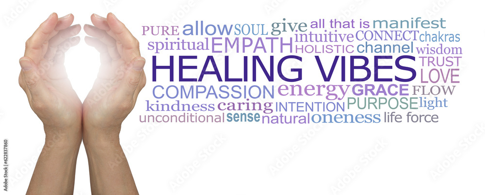 Words Associated with Healing Vibes Word Cloud on white background