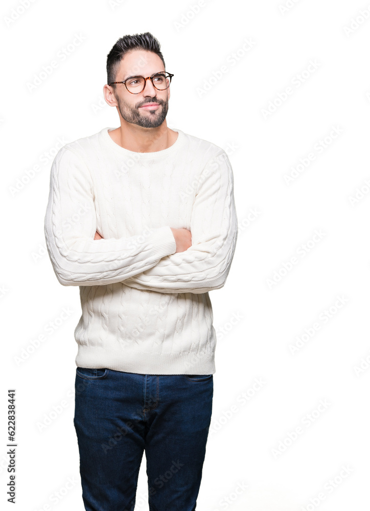 Fototapeta premium Young handsome man wearing glasses over isolated background smiling looking side and staring away thinking.