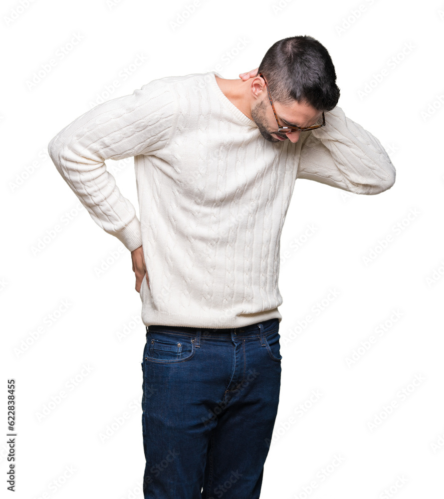 Young handsome man wearing glasses over isolated background Suffering of neck ache injury, touching neck with hand, muscular pain