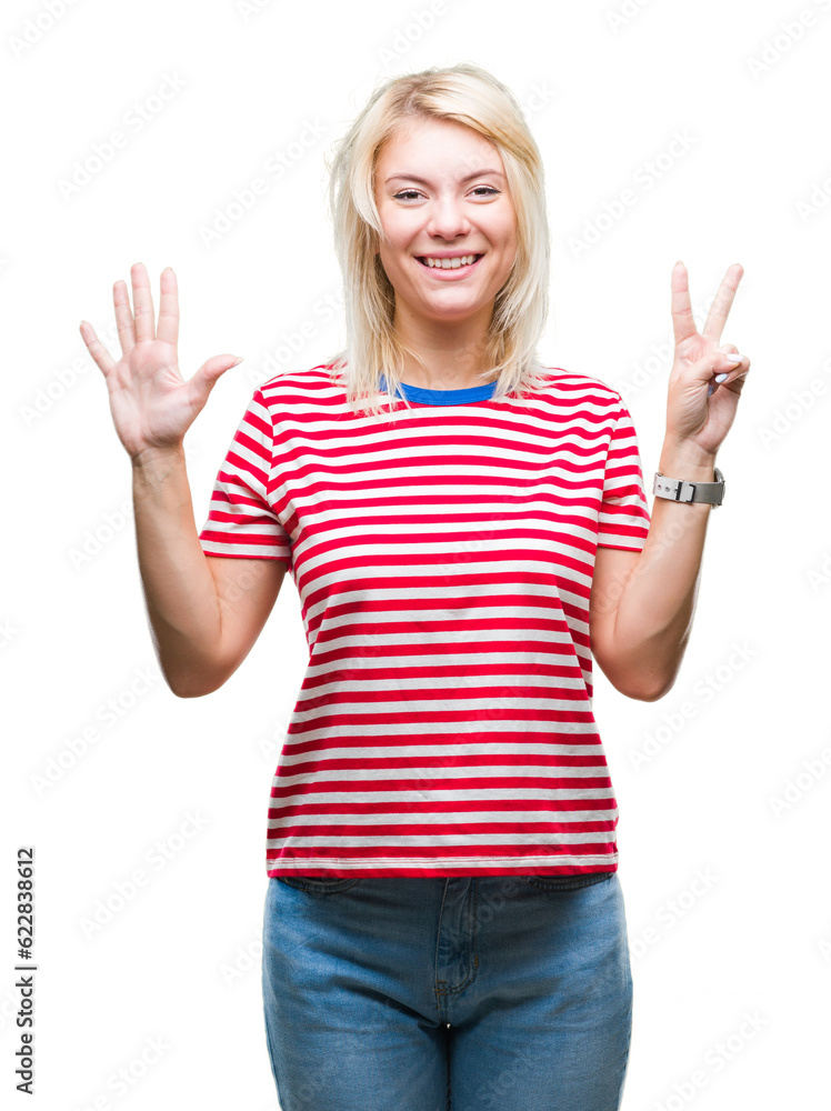 Young beautiful blonde woman over isolated background showing and pointing up with fingers number seven while smiling confident and happy. Young beautiful blonde woman over isolated background showing and pointing up with fingers number seven while smiling confident and happy.