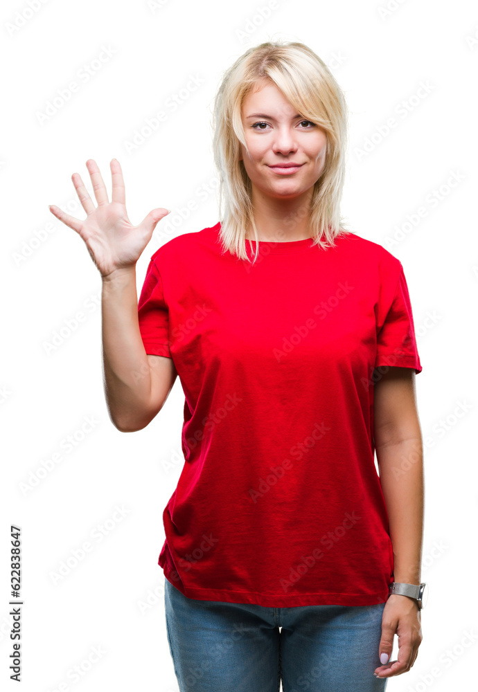 Young beautiful blonde woman wearing red t-shirt over isolated background showing and pointing up with fingers number five while smiling confident and happy. Young beautiful blonde woman wearing red t-shirt over isolated background showing and pointing up with fingers number five while smiling confident and happy.