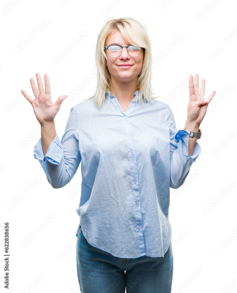 Young beautiful blonde business woman wearing glasses over isolated background showing and pointing up with fingers number nine while smiling confident and happy. Young beautiful blonde business woman wearing glasses over isolated background showing and pointing up with fingers number nine while smiling confident and happy.
