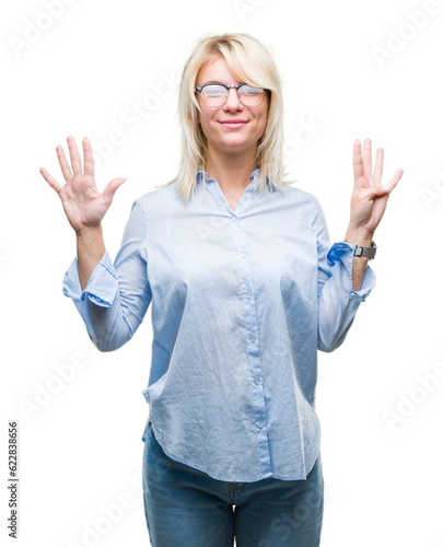 Young beautiful blonde business woman wearing glasses over isolated background showing and pointing up with fingers number nine while smiling confident and happy.