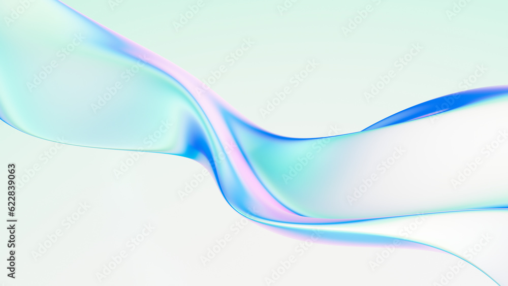 Abstract fluid iridescent holographic bright neon curved wave in motion colorful background 3d render. Gradient design element for backgrounds, banners, wallpapers, posters and covers.