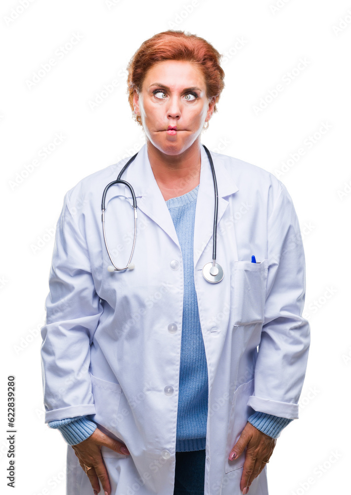 Senior caucasian doctor woman wearing medical uniform over isolated background making fish face with lips, crazy and comical gesture. Funny expression. Senior caucasian doctor woman wearing medical uniform over isolated background making fish face with lips, crazy and comical gesture. Funny expression.