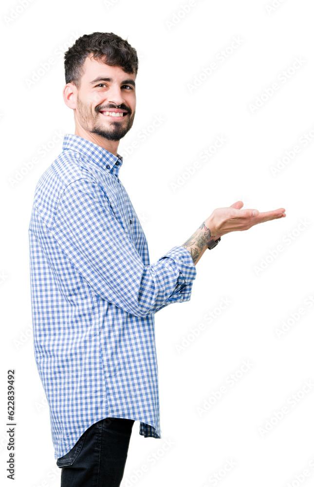 Young handsome business man over isolated background Pointing to the side with hand and open palm, presenting ad smiling happy and confident Young handsome business man over isolated background Pointing to the side with hand and open palm, presenting ad smiling happy and confident