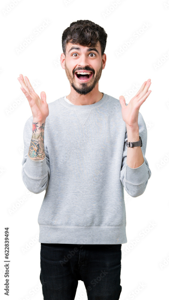 Young handsome man wearing sweatshirt over isolated background celebrating crazy and amazed for success with arms raised and open eyes screaming excited. Winner concept Young handsome man wearing sweatshirt over isolated background celebrating crazy and amazed for success with arms raised and open eyes screaming excited. Winner concept
