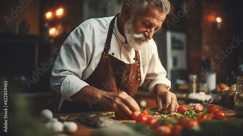 chef esperto che prepara il sugo italiano per i maccheroni, chef nella sua cucina photo