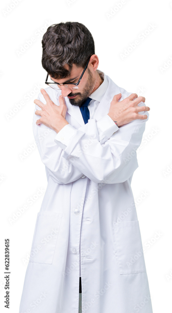 Young professional scientist man wearing white coat over isolated background Hugging oneself happy and positive, smiling confident. Self love and self care Young professional scientist man wearing white coat over isolated background Hugging oneself happy and positive, smiling confident. Self love and self care