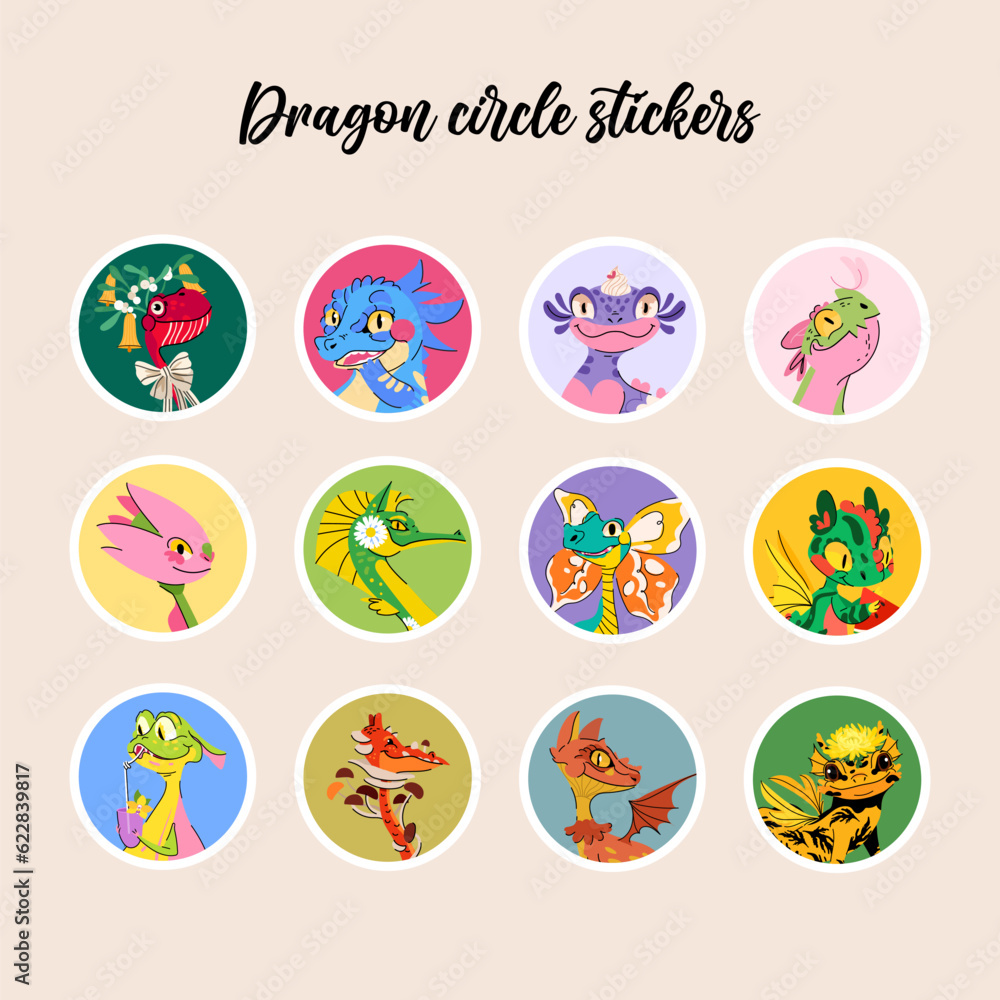 Set of cute dragons circle sticker. Collection of funny fantasy animal character illustration isolated on beige background. Perfect as icons for holidays, highlight covers