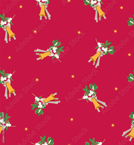 Christmas bell seamless pattern with ribbon and mistletoe on red background. Happy festive color ornament for wallpaper, cloth design, fabric, tissue, wrapping paper, textile