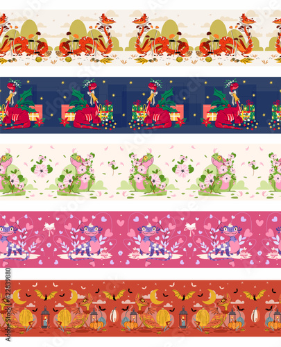 Set of dragon vector washi tapes, masking tapes, elements, cute design patterns. Fantasy animal character frames or borders with flowers, mushroom, sweets, pumpkin. For banners, scrapbooking, cover