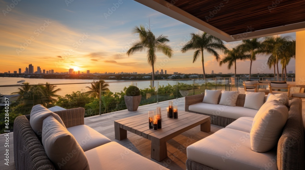 Fototapeta premium Designated sunset viewing deck on the upper levels of your villa, providing a perfect spot to witness the breathtaking Miami sunset