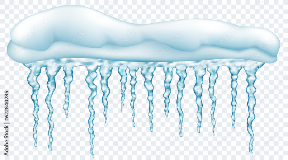 Big snowdrift with translucent gray realistic icicles of different lengths, isolated on transparent background. Transparency only in vector format - obrazy, fototapety, plakaty 
