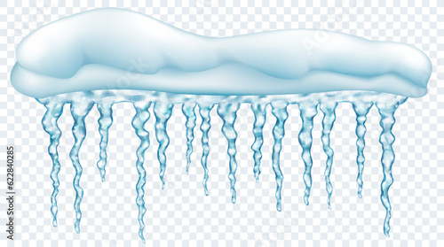 Big snowdrift with translucent gray realistic icicles of different lengths, isolated on transparent background. Transparency only in vector format