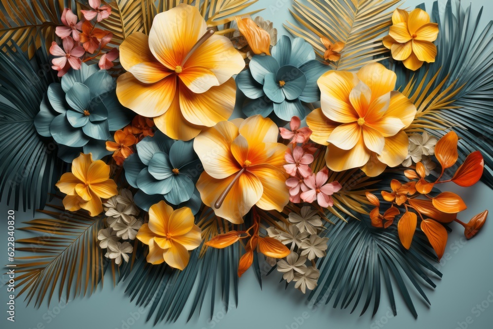 Illustration of lush, vibrant tropical flowers on a dark backdrop, an array of hibiscus flowers, colorful and varied petals, rich green leaves. Generative AI
