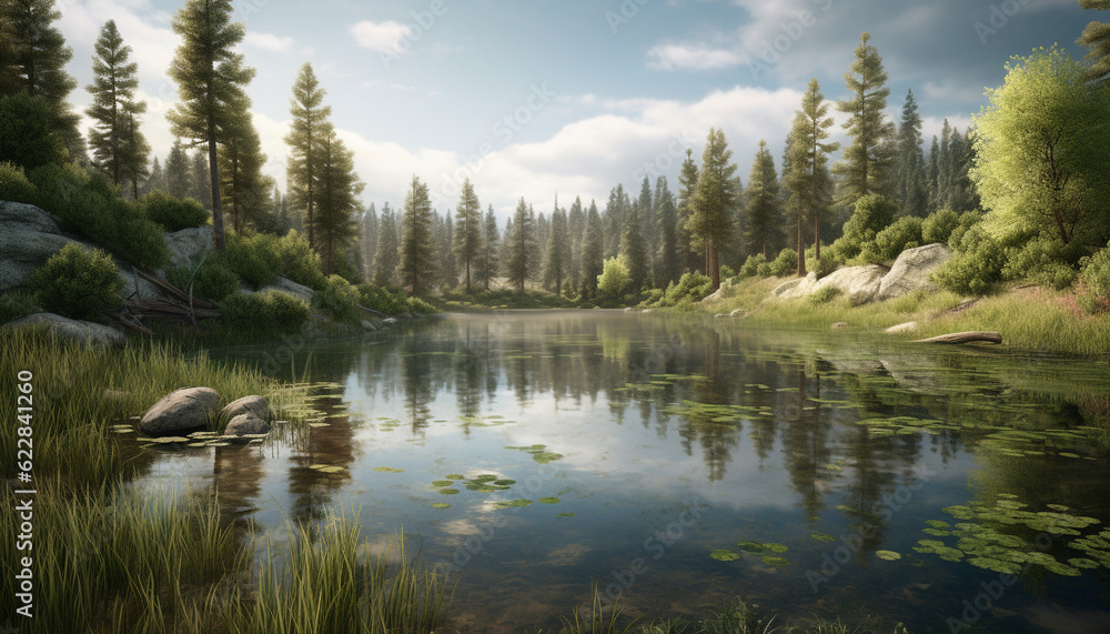 Tranquil scene of autumn pond reflects mountain range generated by AI