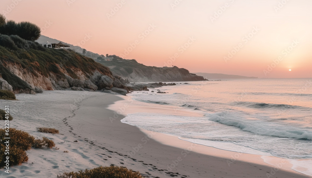 Tranquil dusk, waves crash on rocky coastline generated by AI Tranquil dusk, waves crash on rocky coastline generated by AI