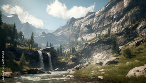 Tranquil scene of majestic mountain range, flowing water generated by AI