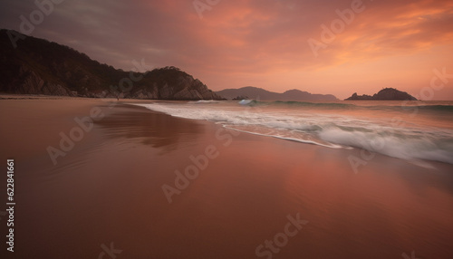 Sunrise over tranquil waters, idyllic summer vacation generated by AI