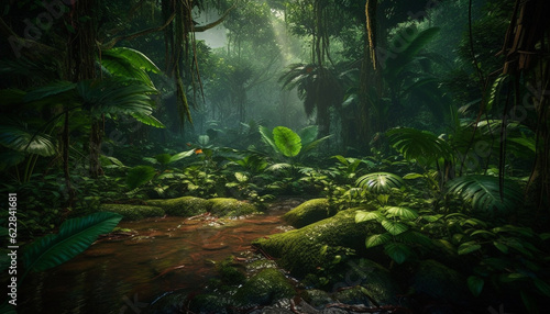 Tranquil scene in tropical rainforest  lush growth generated by AI