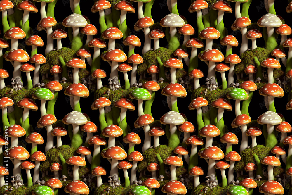 Seamless pattern with magic mushrooms in the mysterious forest. Fairy tales, mysticism, hallucinogens. Generative AI