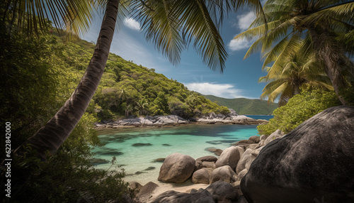Idyllic palm tree coastline, a tropical paradise generated by AI