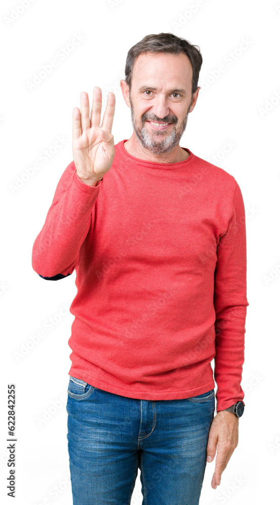 Handsome middle age hoary senior man wearing winter sweater over isolated background showing and pointing up with fingers number four while smiling confident and happy. Handsome middle age hoary senior man wearing winter sweater over isolated background showing and pointing up with fingers number four while smiling confident and happy.