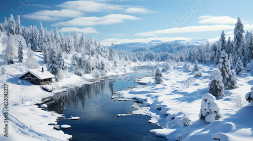 A river running through a snow covered forest. Generative AI.