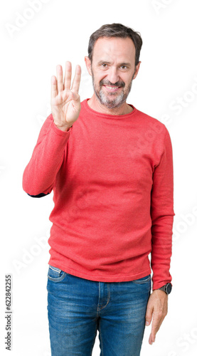 Handsome middle age hoary senior man wearing winter sweater over isolated background showing and pointing up with fingers number four while smiling confident and happy.