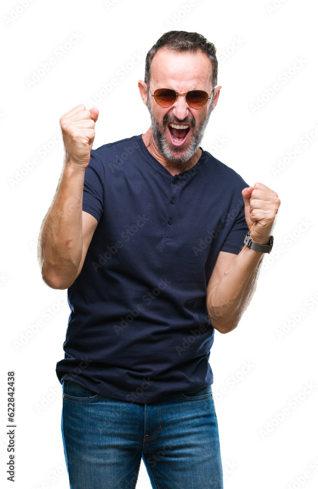 Naklejka premium Middle age hoary senior man wearing sunglasses over isolated background very happy and excited doing winner gesture with arms raised, smiling and screaming for success. Celebration concept.