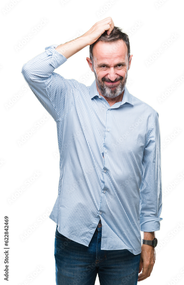 Middle age hoary senior business man over isolated background confuse and wonder about question. Uncertain with doubt, thinking with hand on head. Pensive concept. Middle age hoary senior business man over isolated background confuse and wonder about question. Uncertain with doubt, thinking with hand on head. Pensive concept.