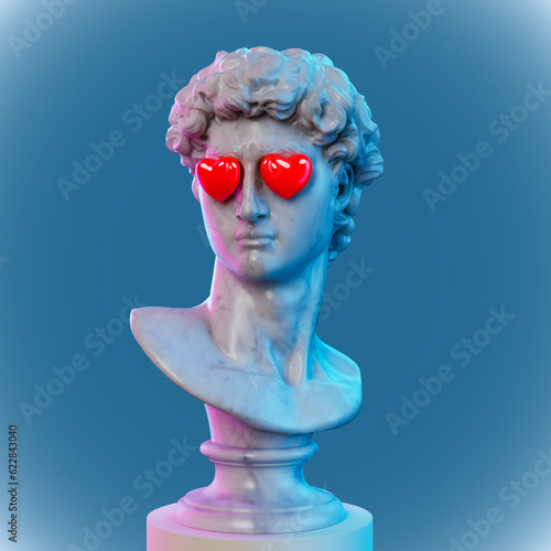 Abstract concept illustration from 3D rendering of white marble classical male bust with emoticon style red heart shaped eyes on blue background.