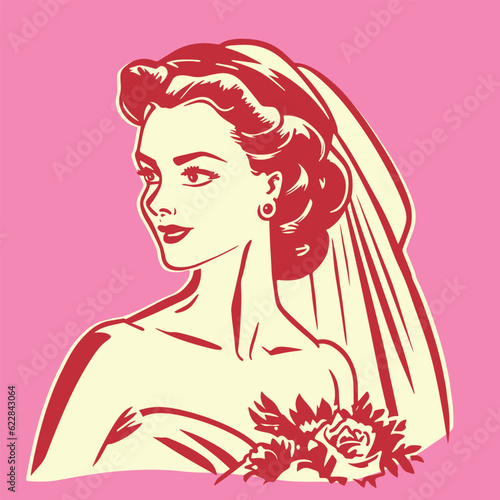 retro cartoon illustration of a beautiful bride