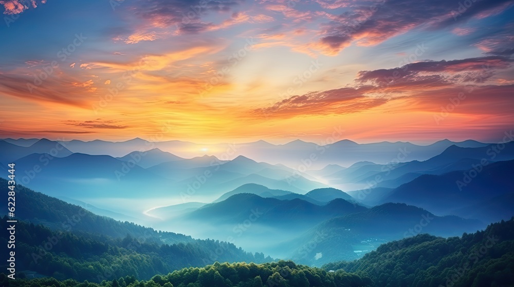 Colorful Sunrise in the Mountains: Awakening Wildlife and Emotional Romance for Joyful Life Events