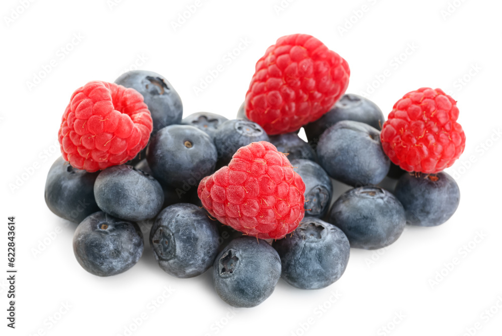 Ripe raspberry and blueberry on white background Ripe raspberry and blueberry on white background