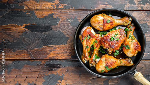 Baked spicy chicken legs with sesame and parsley in cast iron frying pan on dark wooden background top view.