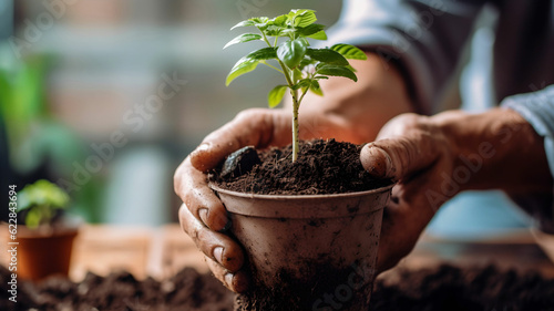 Little plant growing in a pot, business man gardening, CSR, ecology in the industry, nature at work, well being, recycling, hands, close up, ecology concept, modern, made with generative AI