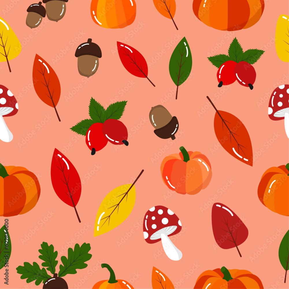 Cute cartoon colorful seamless pattern with autumn cute things. Fall endless repeat background Cute cartoon colorful seamless pattern with autumn cute things. Fall endless repeat background