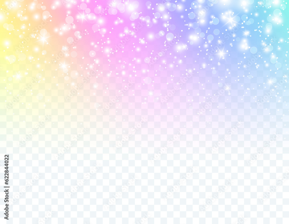 Unicorn gradient isolated on transparent background. Rainbow dream, princess, fantasy or fairy tail overlay texture. Vector magic spectrum border with bokeh light effect, glitter and white stars
