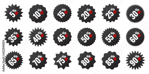 Price tags collection, special offer or shopping discount label with percent, discount percentage value. Black turned retail paper sticker. Promotional sale badge. Vector illustration