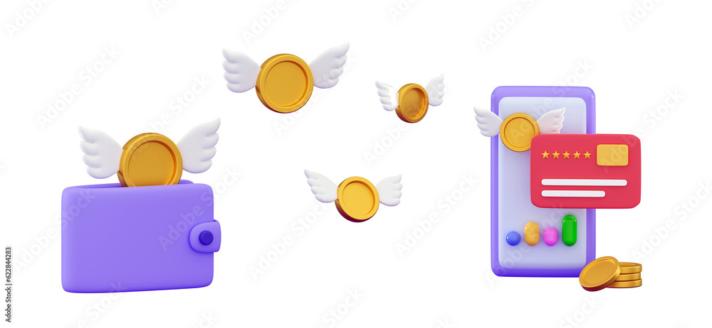 3d Coin wing Wallet with golden coin with wings Lost money Concept for business, web sites, online shop, finance, banks Money saving Minimal 3D rendering illustration 3d Coin wing Wallet with golden coin with wings Lost money Concept for business, web sites, online shop, finance, banks Money saving Minimal 3D rendering illustration