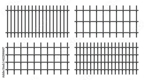Realistic shiny metal prison bars isolated on white background. Detailed jail cage, prison iron fence. Criminal background mockup. Vector illustration