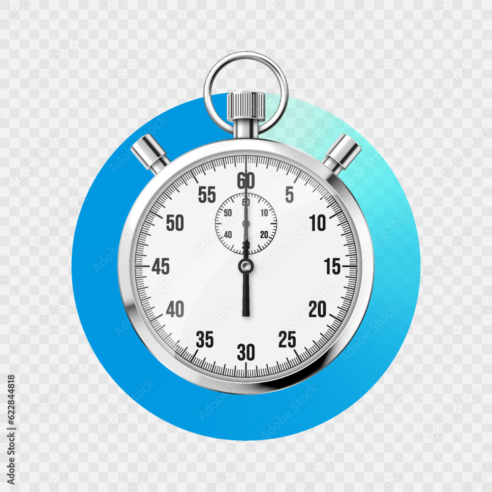 Realistic classic stopwatch. Shiny metal chronometer, time counter with dial. Blue countdown timer showing minutes and seconds. Time measurement for sport, start and finish. Vector illustration Realistic classic stopwatch. Shiny metal chronometer, time counter with dial. Blue countdown timer showing minutes and seconds. Time measurement for sport, start and finish. Vector illustration