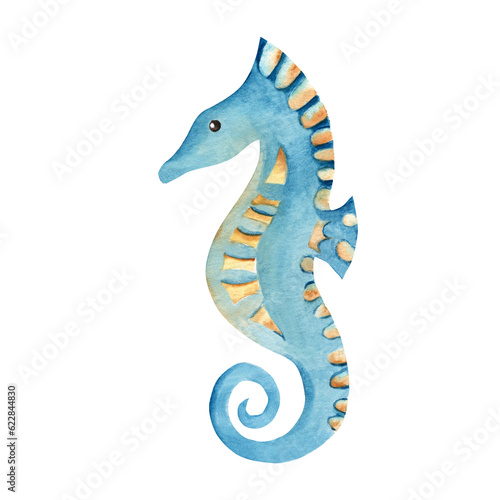 Watercolor hand drawn seahorse isolated on white background. Marine underwater design element for card, poster, print. Summer sea clipart.