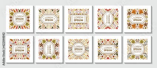 Thanksgiving and Harvest Day. Vector illustration. Autumn templates. Vector design for card, poster, flyer, web and other users. Set of leaves cover templates, decorative nature borders,